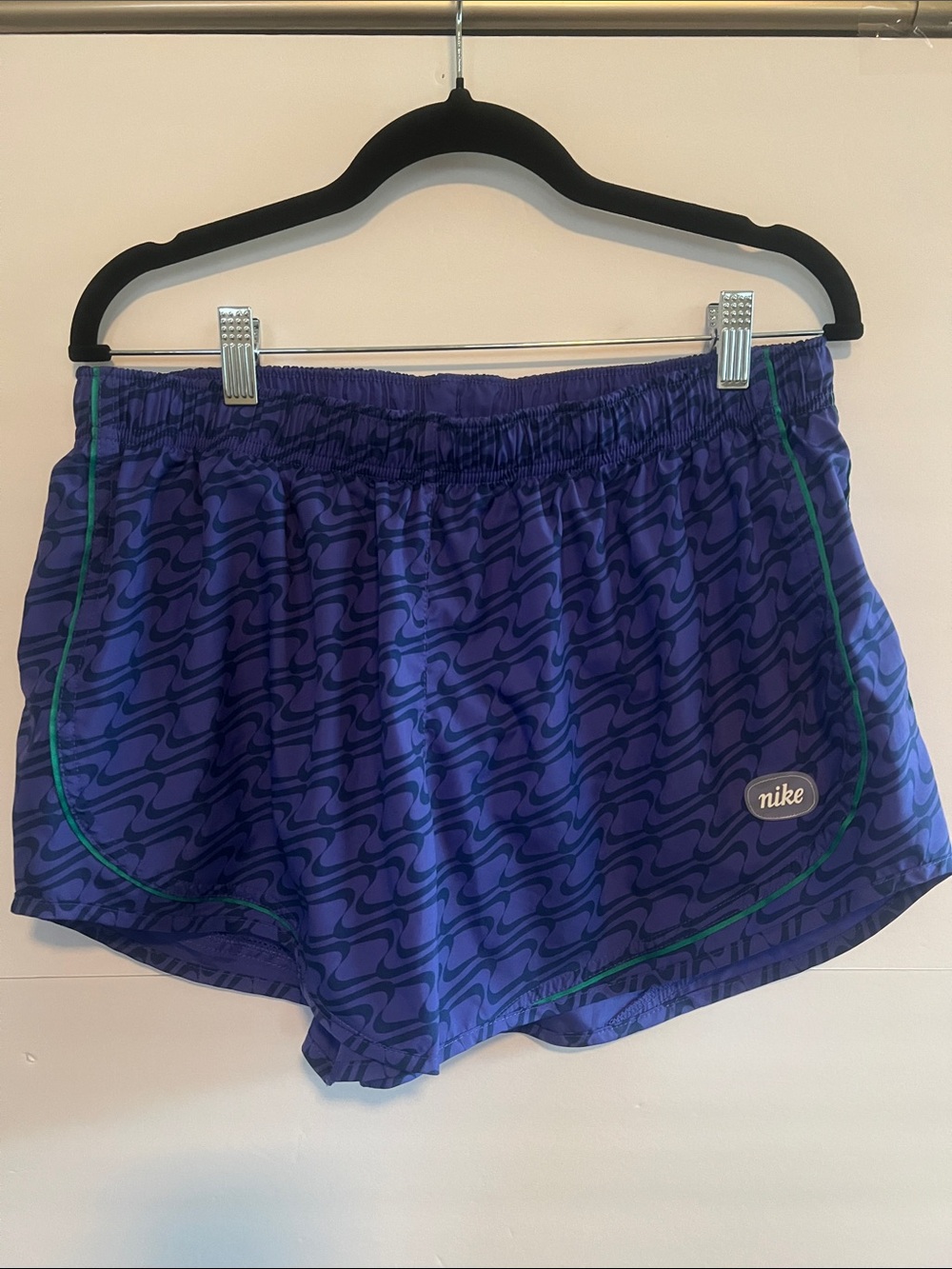 Nike Women’s Dri-Fit Blue-Purple Patterned Athletic Shorts with Green Trim,  XL